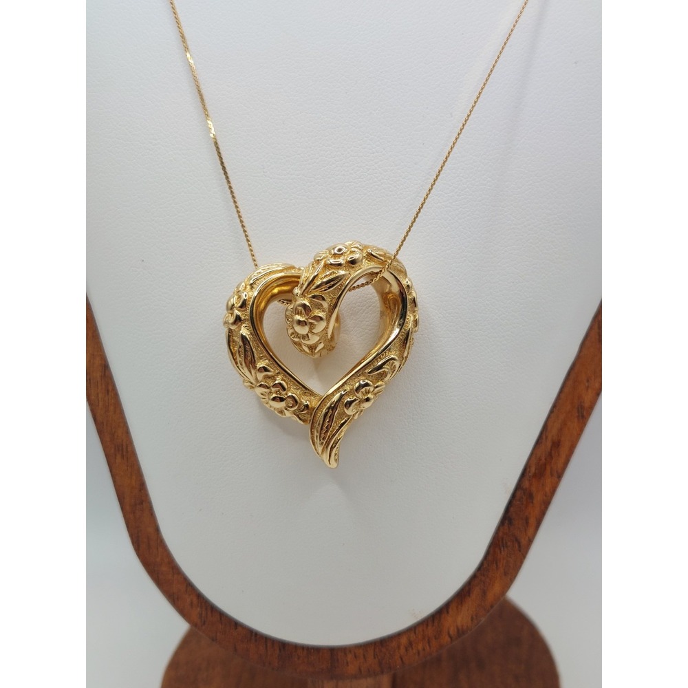14K Gold Puffy Heart Slider Necklace 18" 4.3g Floral Scroll Romantic Vintage